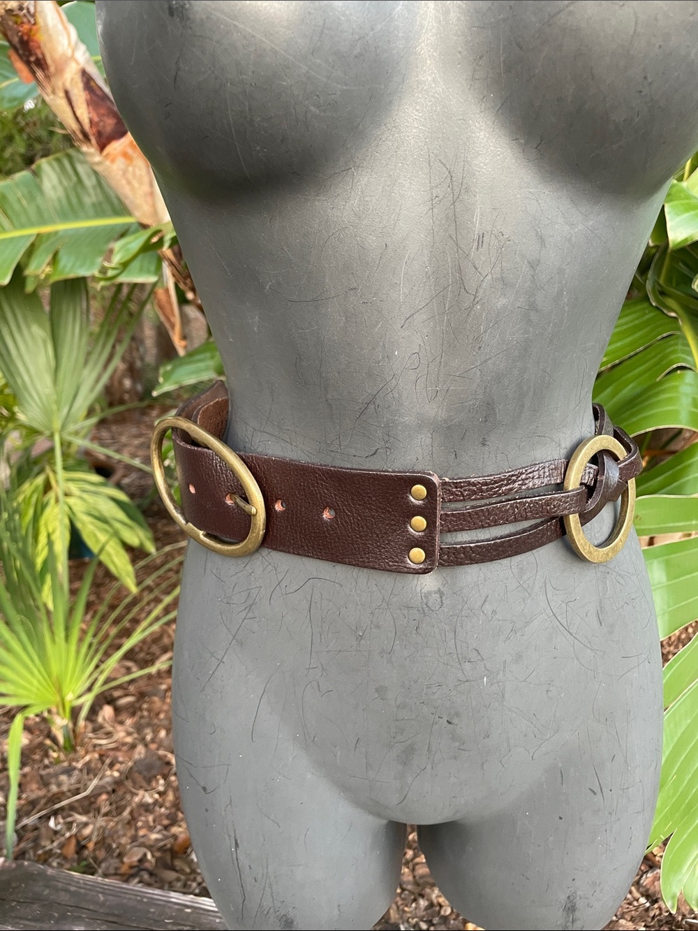 nine W. statement, leather and brass chain style woven belt